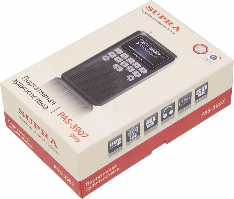Радиоприемник портативный Supra PAS-3907 серый USB microSD