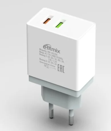 Зарядное устройство сетевое Ritmix RM-3032QC 1xUSB + QC 3.0 белый